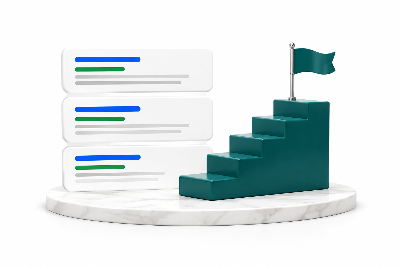 Recherche Votre entreprise, résultats de recherche et escalier vert vers un drapeau #1.